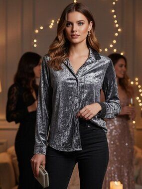 AMADI Silver Crushed Velvet Button Down Top XXS Metallic Gray Blouse Made USA